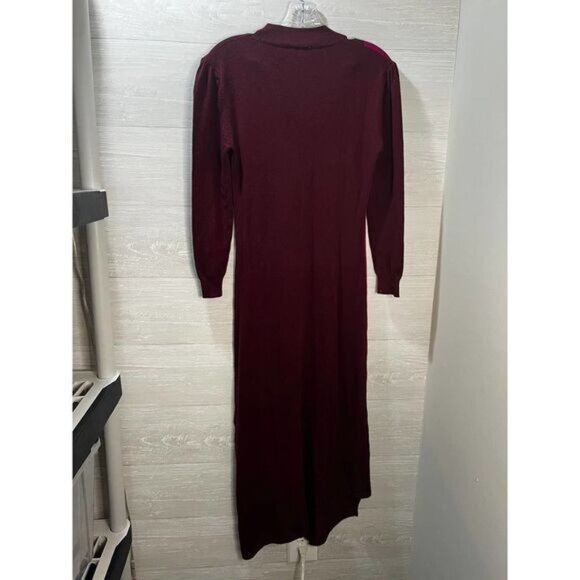 Colorblock Knit Long Sleeve Burgundy & Magenta Asymmetrical Maxi Dress - Picture 6 of 9